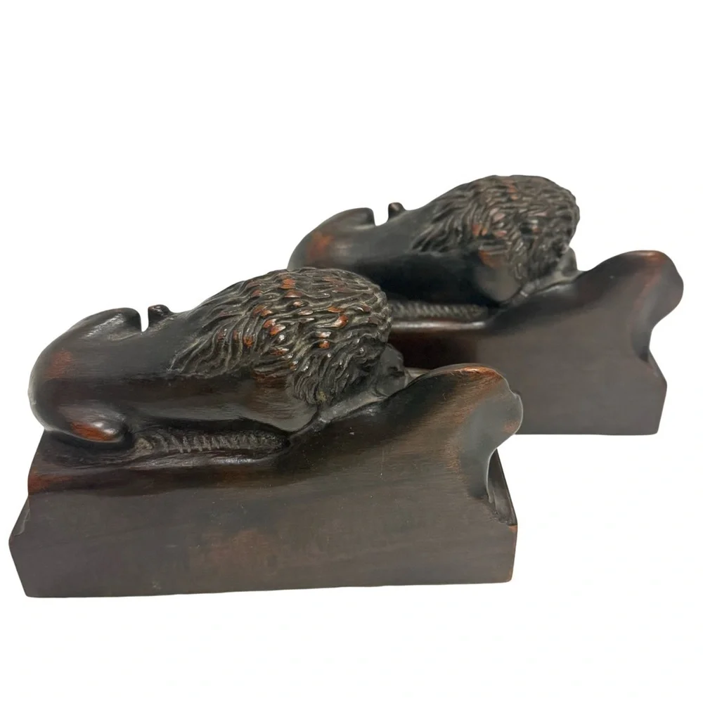 Vintage Mahogany Lion of Lucerne Set of Bookends 